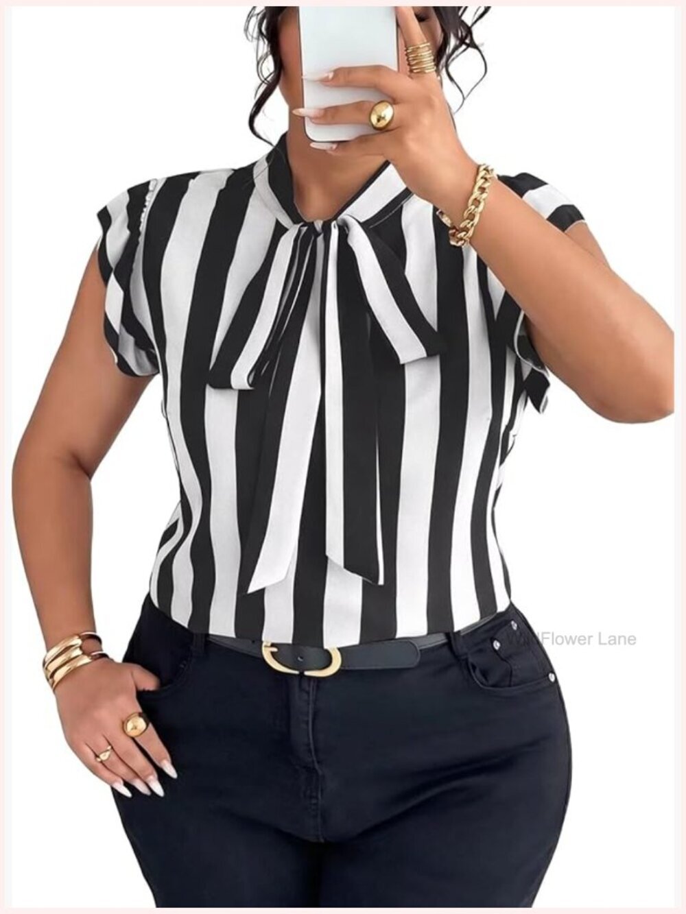Vertical Striped Tie Neck Blouse Ruffle Cap Sleeve Work Top